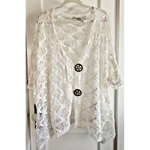LE MODA crochet overthrow blouse‎ half sleeve woman top white Sz XXL